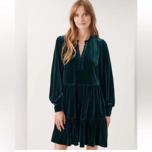 1.STATE Deep Green Velour Velvet Long Sleeve Ruffle Babydoll Dress w/ V-neck XL - Picture 1 of 11